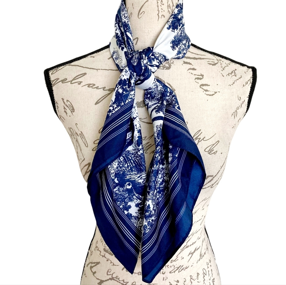 Floral Satin Square Scarf Blue White 35" Head Hair Neck Bandana Preppy New - Picture 12 of 17